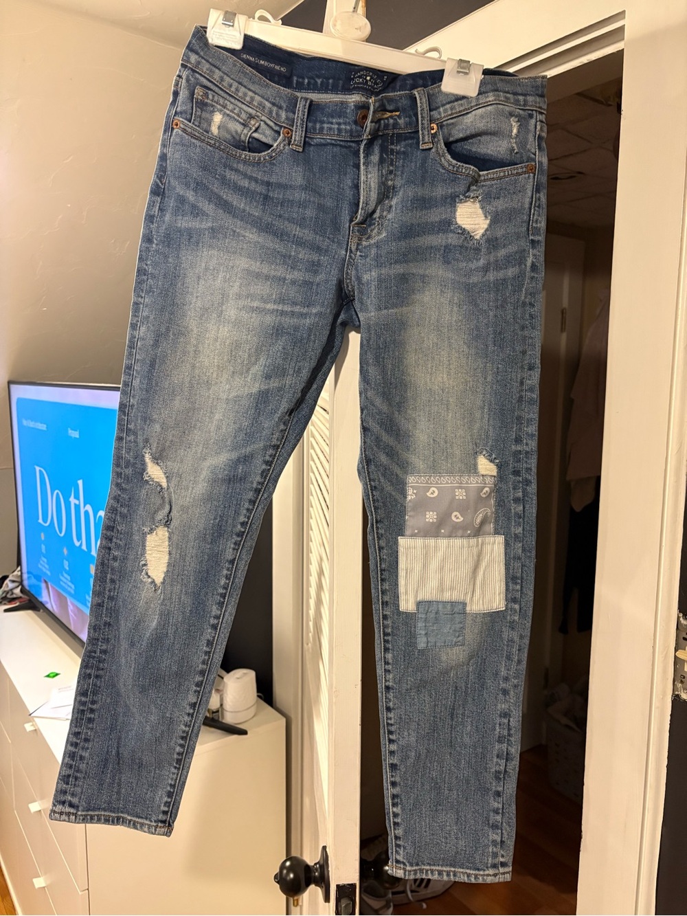 Lucky Brand Distressed Blue Boyfriend Jeans with Patchwork